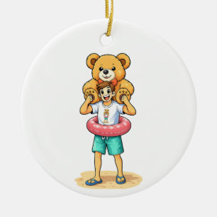 Cute Cartoon Man with Giant Teddy Bear Summer Fun Ceramic Ornament