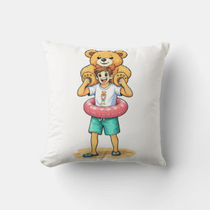 Cute Cartoon Man with Giant Teddy Bear Summer Fun Cushion