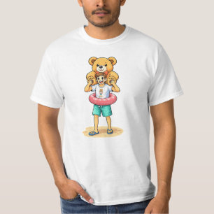 Cute Cartoon Man with Giant Teddy Bear Summer Fun T-Shirt