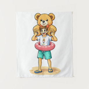 Cute Cartoon Man with Giant Teddy Bear Summer Fun Tapestry