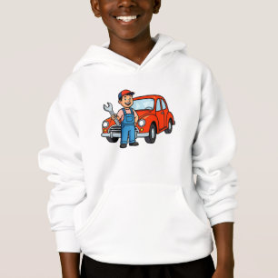 Cute Cartoon Mechanic with Red Car Illustration