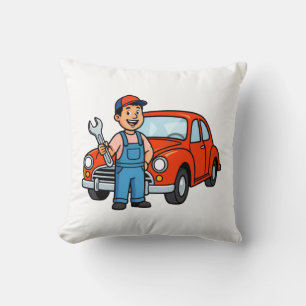Cute Cartoon Mechanic with Red Car Illustration Cushion