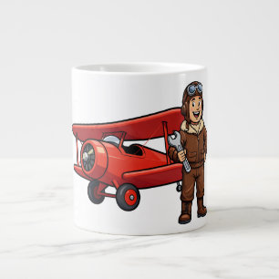 Cute Cartoon Mechanic with Red Car Illustration Large Coffee Mug