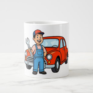 Cute Cartoon Mechanic with Red Car Illustration Large Coffee Mug