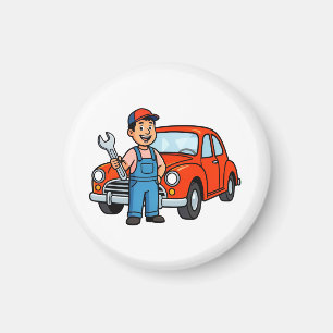 Cute Cartoon Mechanic with Red Car Illustration Magnet