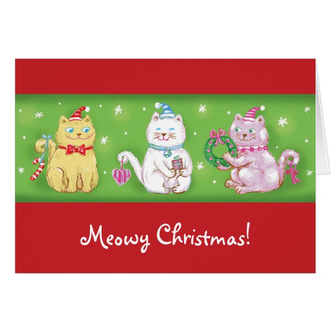 Cute Cartoon Meowy Christmas Cats in Santa Hats (Front Horizontal)