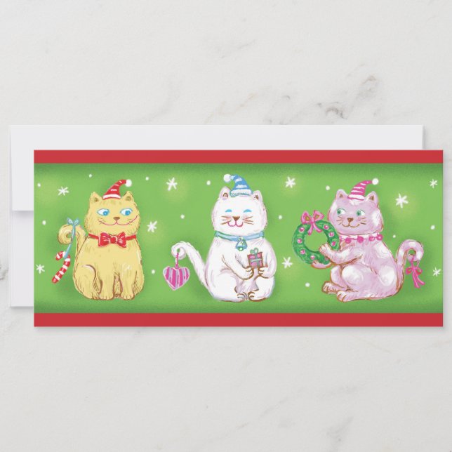 Cute Cartoon Meowy Christmas Cats in Santa Hats Holiday Card (Front)