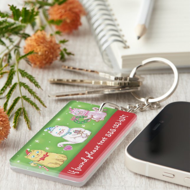 Cute Cartoon Meowy Christmas Cats in Santa Hats Key Ring (Front Right)