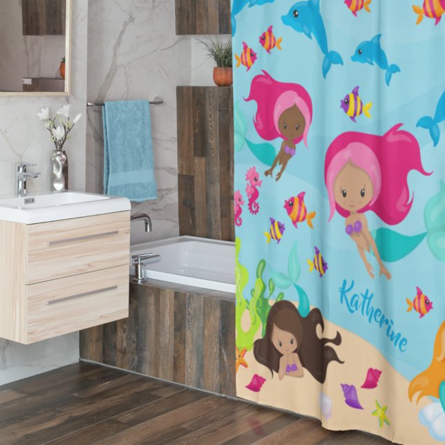 Cute Cartoon Mermaid Girl Under the Sea Bathroom Shower Curtain (Creator Uploaded)