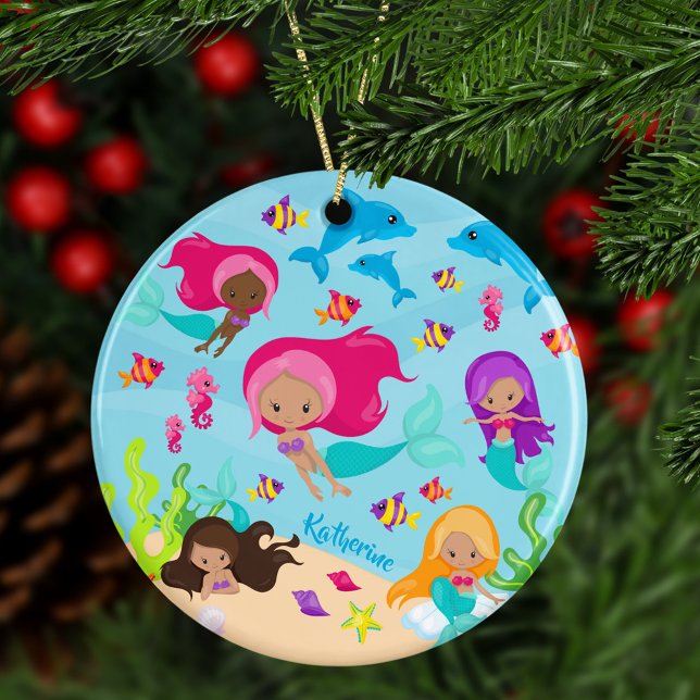 Cute Cartoon Mermaid Girl Under the Sea Christmas Ceramic Ornament (Creator Uploaded)