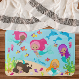 Cute Cartoon Mermaid Little Girl Under the Sea Bath Mat