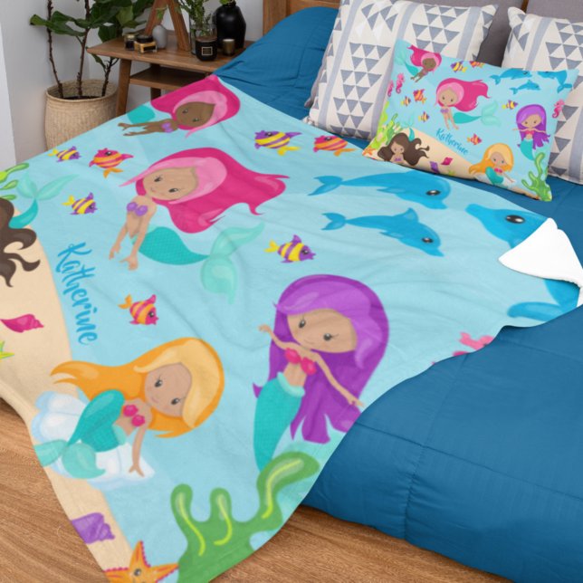 Cute Cartoon Mermaid Little Girl Under the Sea Fleece Blanket (Creator Uploaded)