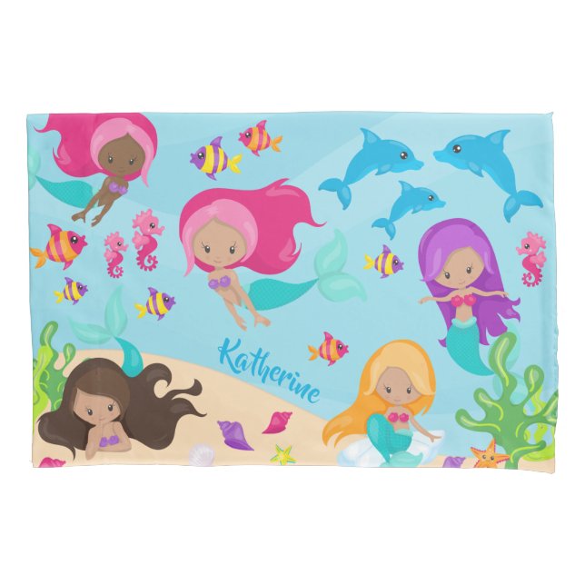 Cute Cartoon Mermaid Little Girl Under the Sea Pillowcase (Front)