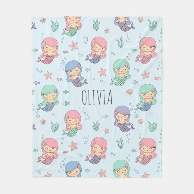 Cute Cartoon Mermaid Pattern Fleece Blanket (Front)