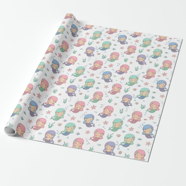 Cute Cartoon Mermaid Pattern Wrapping Paper (Unrolled)