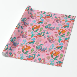 Cute cartoon mermaids on pink background wrapping paper