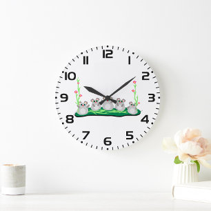 Cute Cartoon Mice on Grass with Flowers  Large Clock