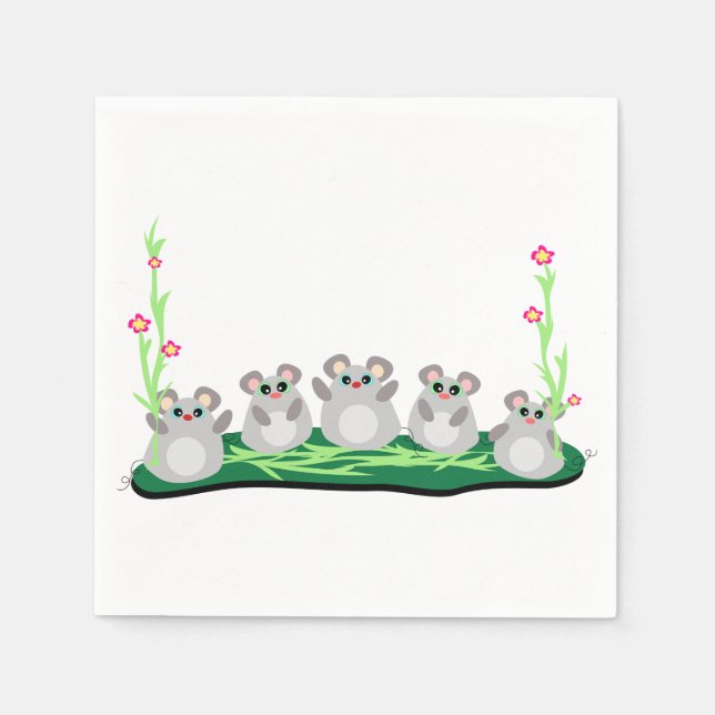 Cute Cartoon Mice on Grass with Flowers  Napkin (Front)