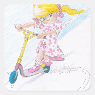 Cute Cartoon Microscooter Girl Micro Scooter Square Sticker