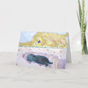 cute cartoon mole digging tunnel while dog listens card