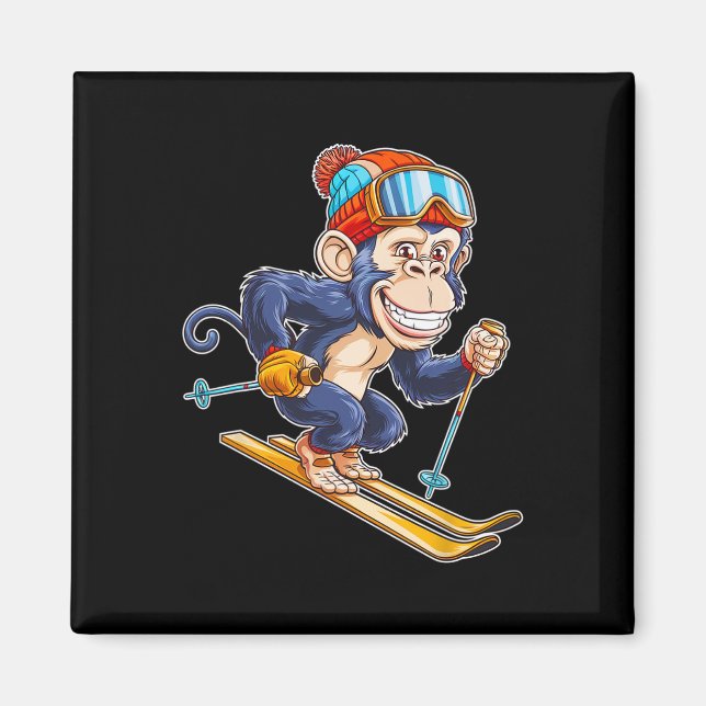 Cute Cartoon Monkey Skiing With Skis  Magnet (Front)