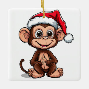 Cute Cartoon Monkey Wearing a Santa Hat Ceramic Ornament