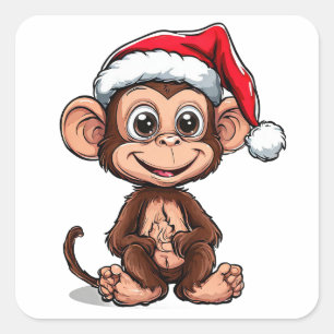 Cute Cartoon Monkey Wearing a Santa Hat Square Sticker