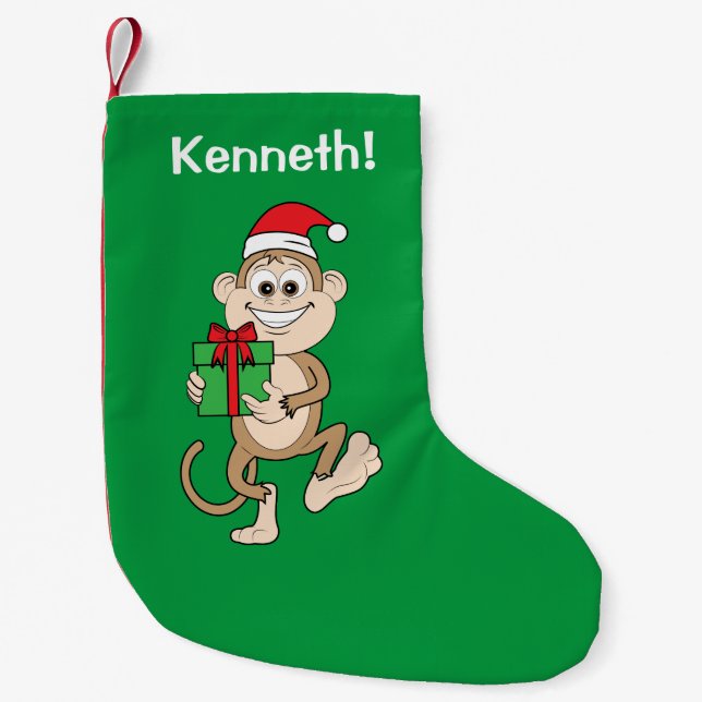 Cute Cartoon Monkey with a Gift Small Christmas Stocking (Front)