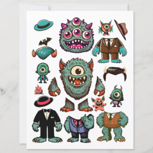 Cute cartoon monster man paper doll with clothes