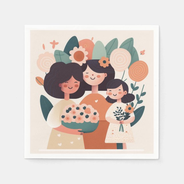 Cute cartoon mother daughter girls. Birthday party Napkin (Front)