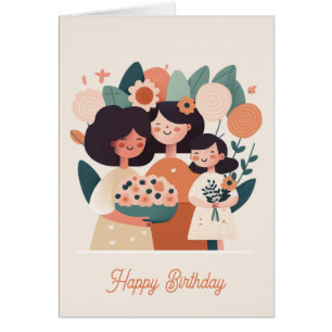Cute cartoon mother daughter girls. Happy Birthday