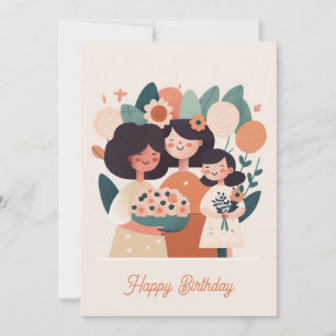 Cute cartoon mother daughter girls. Happy Birthday Holiday Card