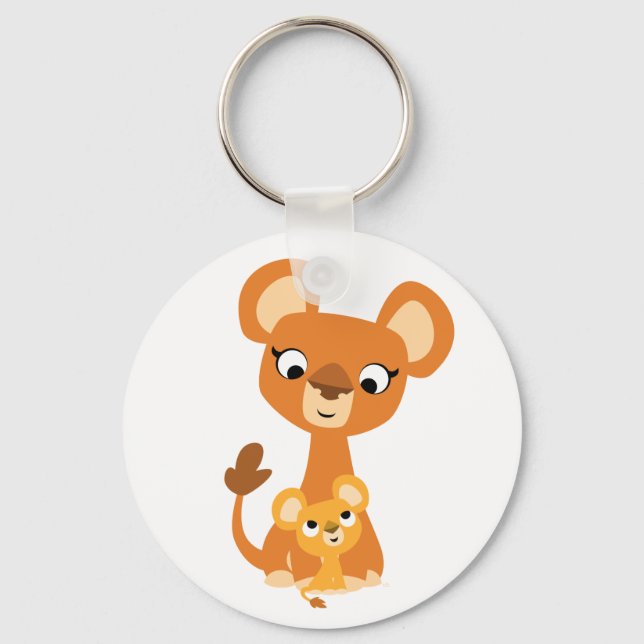 Cute Cartoon Mother Lioness and Cub Key Ring (Front)
