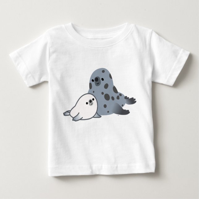 Cute Cartoon Mother Seal And Pup Baby T-Shirt (Front)