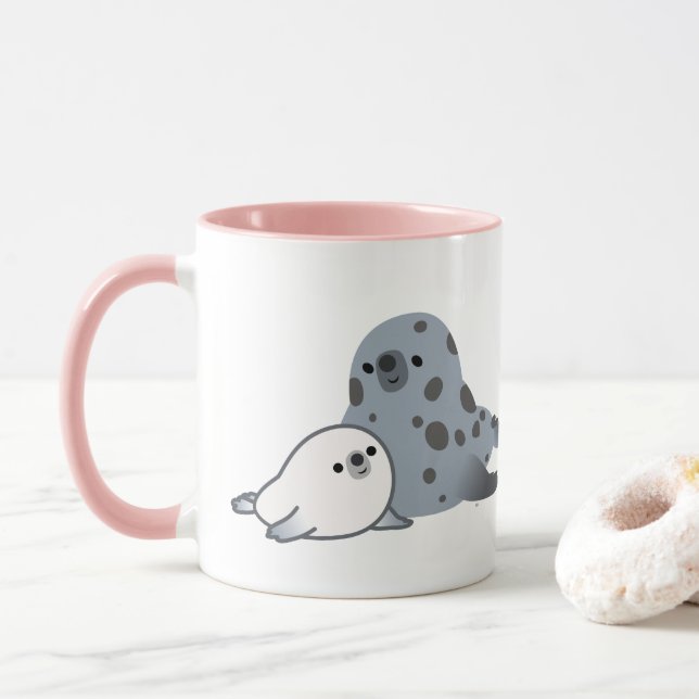 Cute Cartoon Mother Seal And Pup Mug (With Donut)