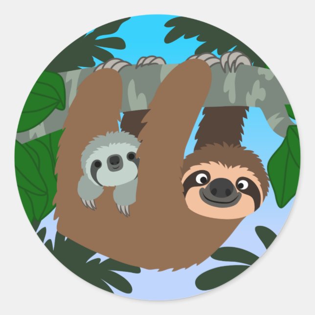 Cute Cartoon Mother Sloth And Baby Sticker (Front)