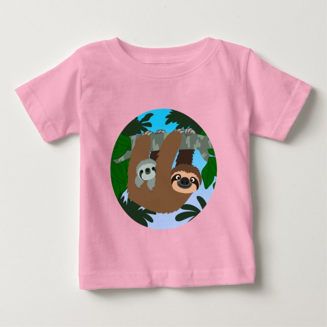 Cute Cartoon Mother Sloth And Baby T-Shirt (Front)