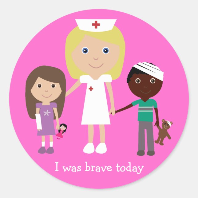 Cute Cartoon Nurse & Children I Was Brave Today Classic Round Sticker (Front)