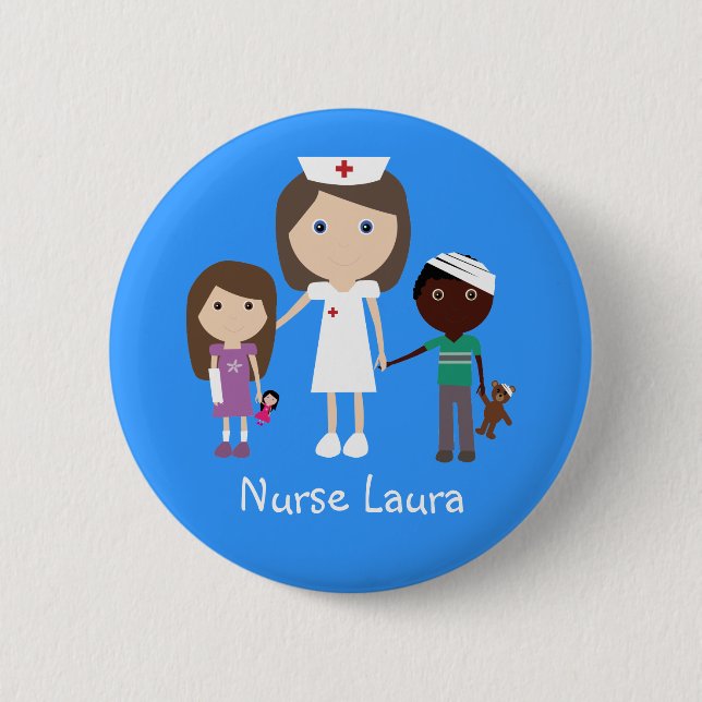 Cute Cartoon Nurse & Children Personalised 6 Cm Round Badge (Front)