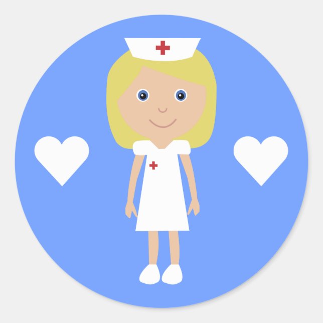 Cute Cartoon Nurse & Hearts Customisable Blue Classic Round Sticker (Front)