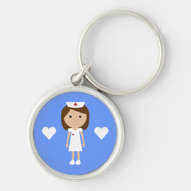 Cute Cartoon Nurse & Hearts Customisable Key Ring (Front)