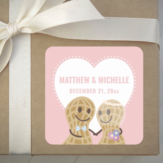 Cute Cartoon Nuts About Each Other Wedding Favour Square Sticker (Creator Uploaded)