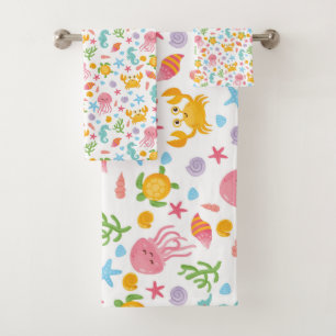 Cute Cartoon Ocean Sea Seashell, Starfish Summer Bath Towel Set