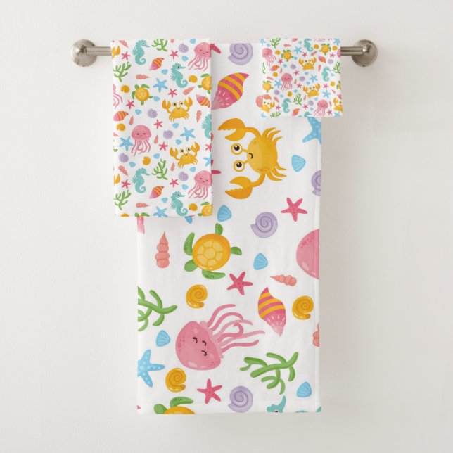 Cute Cartoon Ocean Sea Seashell, Starfish Summer Bath Towel Set (Insitu)