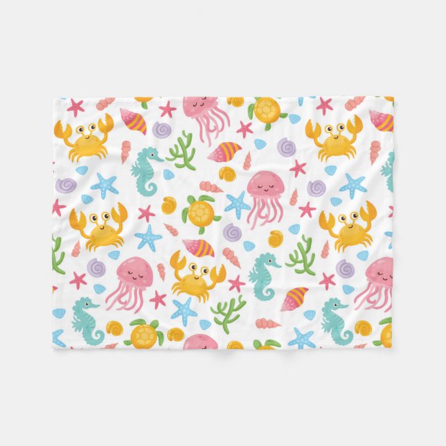 Cute Cartoon Ocean Sea Seashell, Starfish Summer Fleece Blanket (Front (Horizontal))