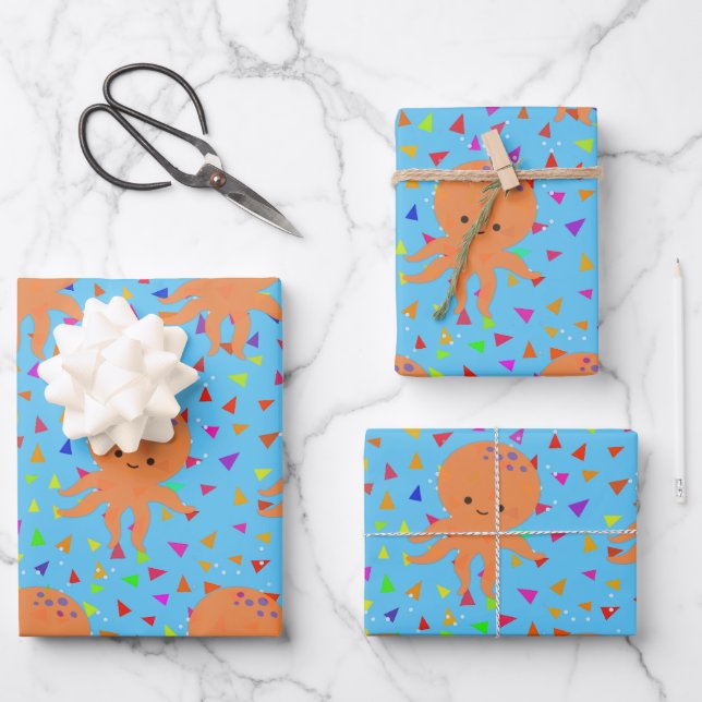 Cute Cartoon Octopus Confetti Pattern Wrapping Paper Sheet (Front)