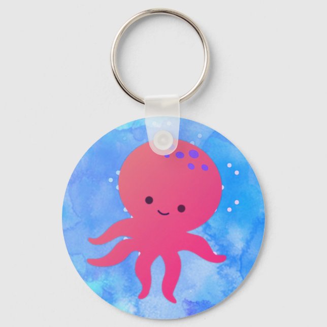Cute Cartoon Octopus In Blue Ocean Watercolor Key Ring (Front)