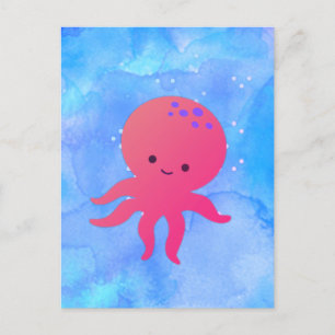 Cute Cartoon Octopus In Blue Ocean Watercolor Postcard