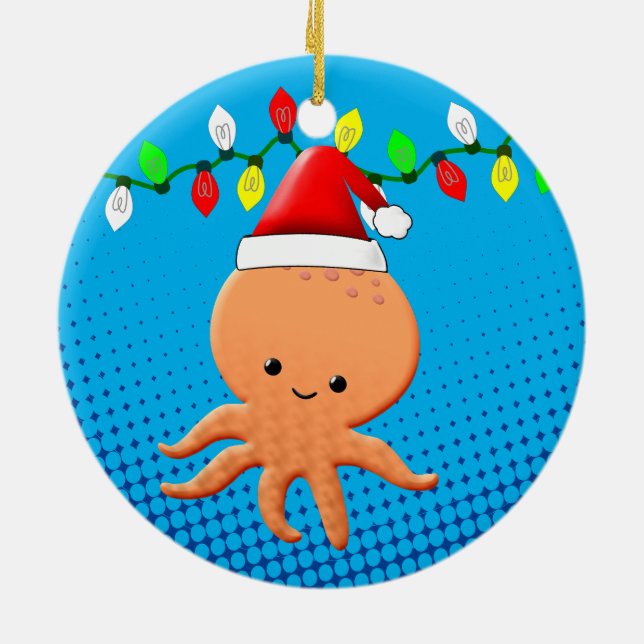 Cute Cartoon Octopus Santa Hat Christmas Lights Ceramic Ornament (Back)