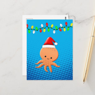 Cute Cartoon Octopus Santa Hat Christmas Lights Postcard